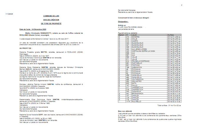 Avis de création de titre de propriété-Commune de Luri-(Haute-Corse) Avis de création de titre de propriété-Commune de Luri-(Haute-Corse)