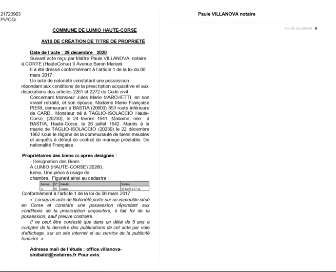 Avis de création de titre de propriété-Commune de Lumio  (Haute-Corse)