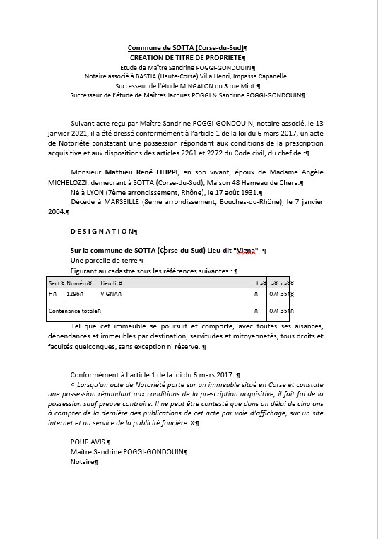  Avis de création de titre de propriété-Commune de Sotta ( Corse-du-Sud)