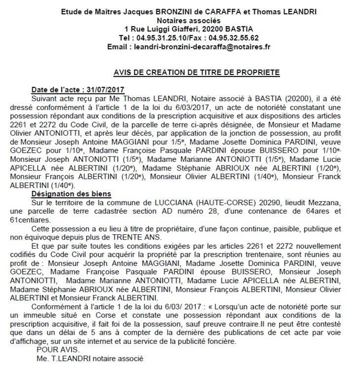 Avis de création de titre de propriété-Commune de Lucciana(Haute-Corse)  Avis de création de titre de propriété-Commune de Lucciana(Haute-Corse)