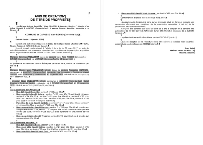 Avis de création de titre de propriété-Commune de Cargese-Renno (Corse-du-sud)