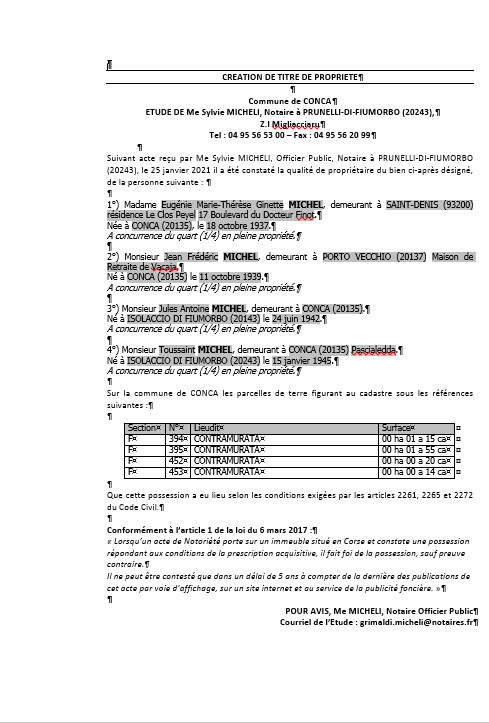 Avis de création de titre de propriété-Commune de Conca(Corse-du-sud)