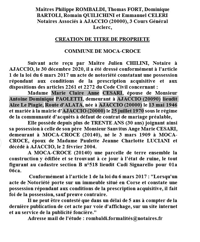Avis de création de titre de propriété-Commune de Moca-Croce (Corse-du-sud)