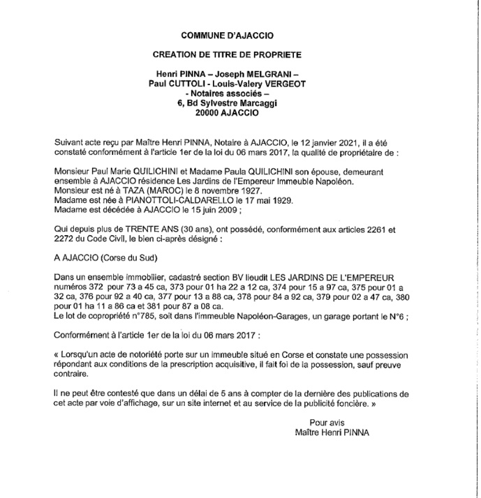 Avis de création de titre de propriété-Commune d'Ajaccio (Corse-du-sud)