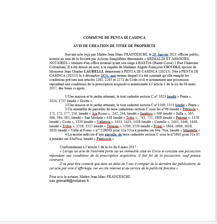  Avis de création de titre de propriété - Commune de Penta di Casinca (Haute-Corse)