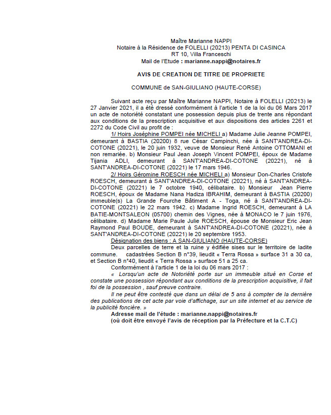 Avis de création de titre de propriété - Commune de San Giuliano (Haute-Corse) Avis de création de titre de propriété - Commune de San Giuliano (Haute-Corse)
