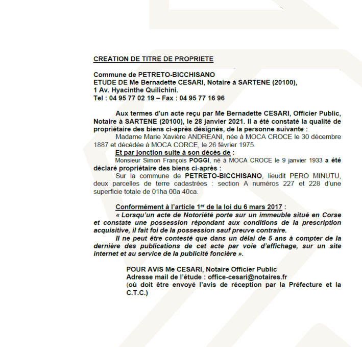 Avis de création de titre de propriété - Commune de Petreto Bicchisano (Corse-du-Sud) Avis de création de titre de propriété - Commune de Petreto Bicchisano (Corse-du-Sud)