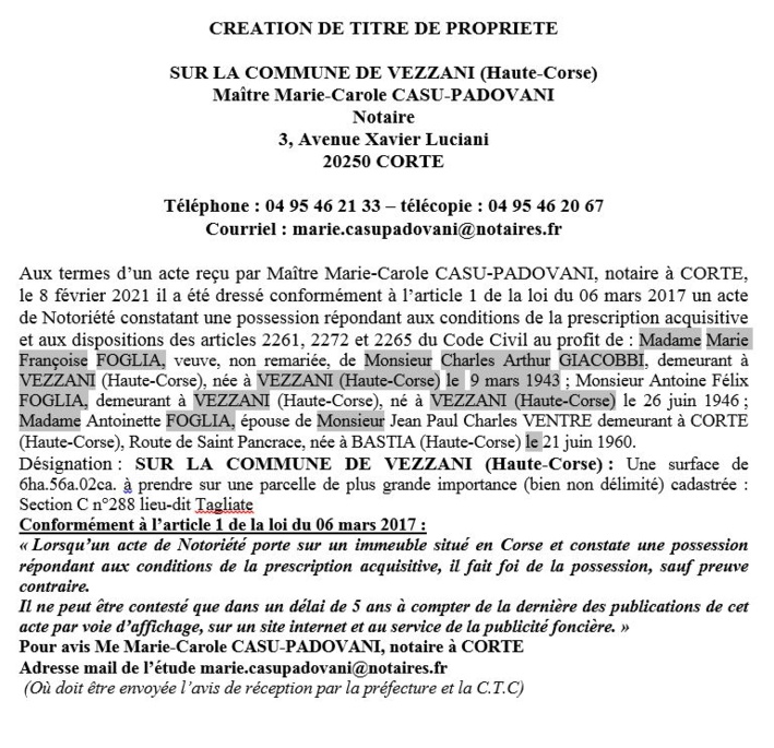 Avis de création de titre de propriété - commune de Vezzani (Haute Corse)