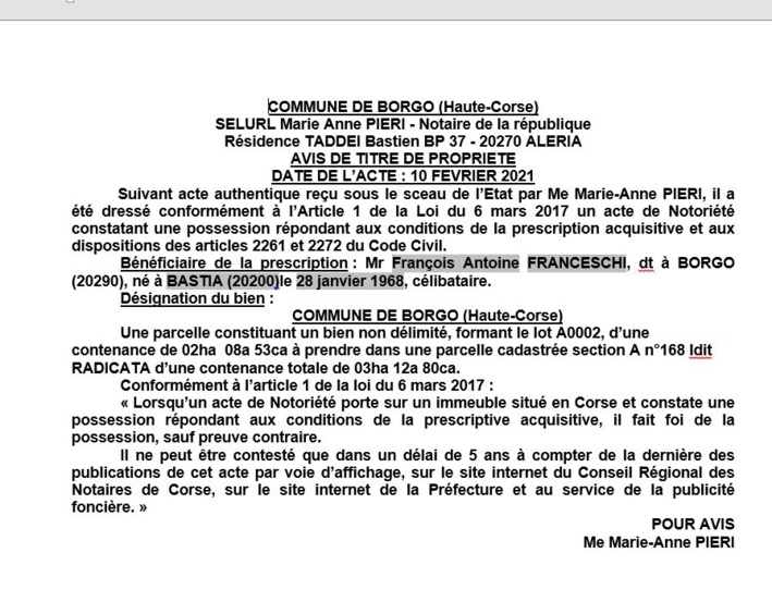 Avis de création de titre de propriété - commune de Borgo (Haute Corse)