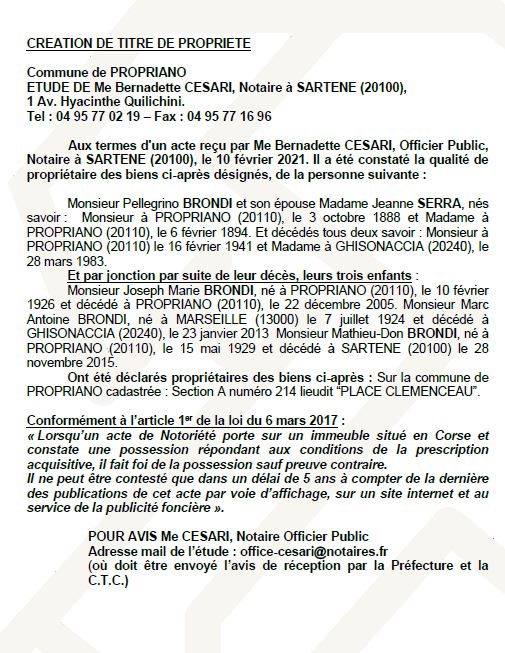 Avis de création de titre de propriété - commune de Propriano (Corse du Sud)