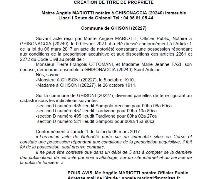 Avis de création de titre de propriété - commune de Ghisonaccia (Haute Corse)