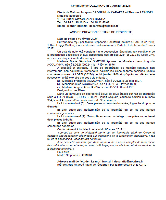 Avis de création de titre de propriété - Commune de Lozzi (Haute-Corse)  Avis de création de titre de propriété - Commune de Lozzi (Haute-Corse)