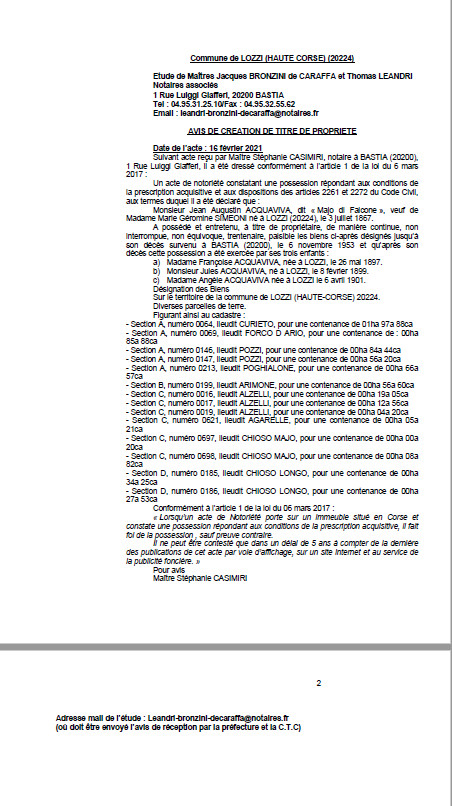 Avis de création de titre de propriété - Commune de Lozzi (Haute-Corse)