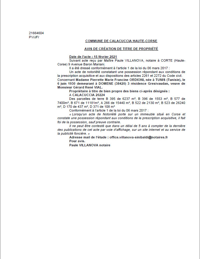 Avis de création de titre de propriété - Commune de Calacuccia (Haute-Corse) Avis de création de titre de propriété - Commune de Calacuccia (Haute-Corse)