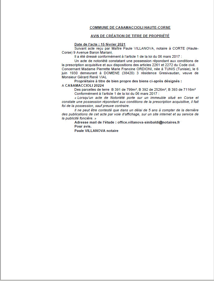 Avis de création de titre de propriété - Commune de Casamaccioli (Haute-Corse) Avis de création de titre de propriété - Commune de Casamaccioli (Haute-Corse)