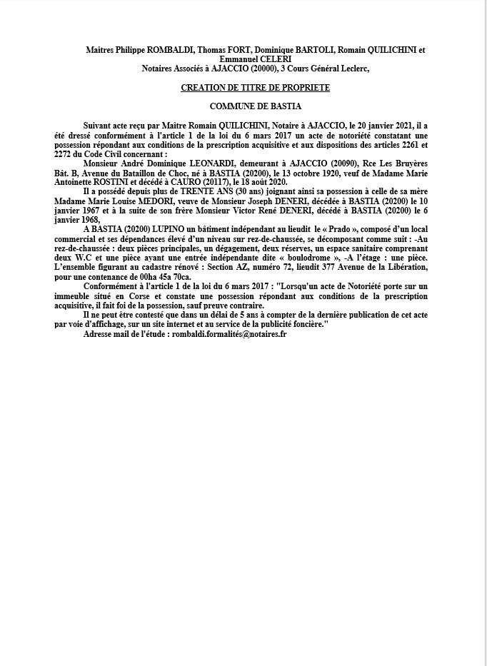 Avis de création de titre de propriété - Commune de Bastia (Haute-Corse) Avis de création de titre de propriété - Commune de Bastia (Haute-Corse)