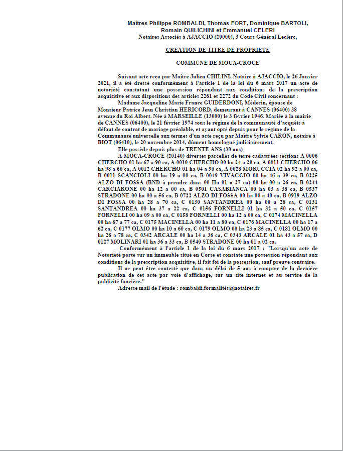 Avis de création de titre de propriété - Commune de Moca-Croce (Corse-du-Sud) Avis de création de titre de propriété - Commune de Moca-Croce (Corse-du-Sud)