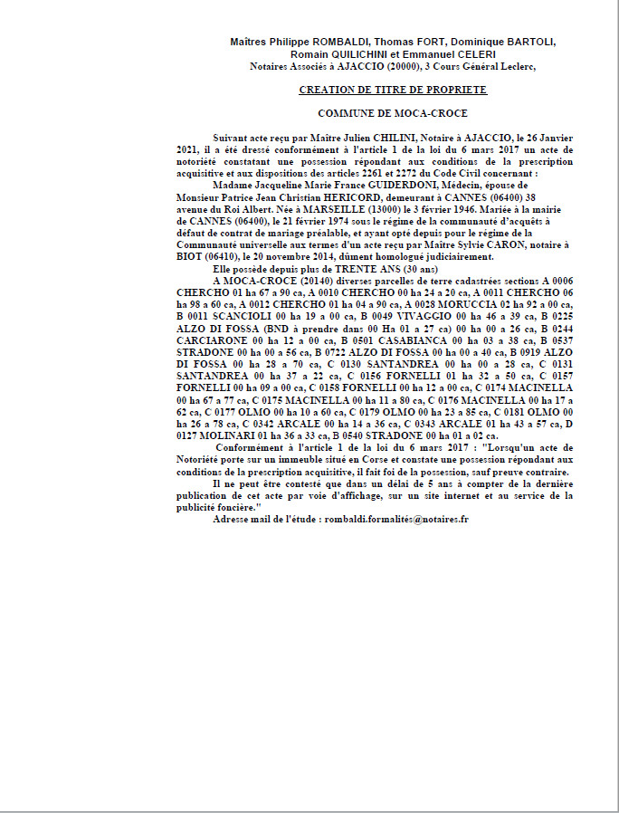  Avis de création de titre de propriété - Commune de Moca-Croce (Corse-du-Sud)