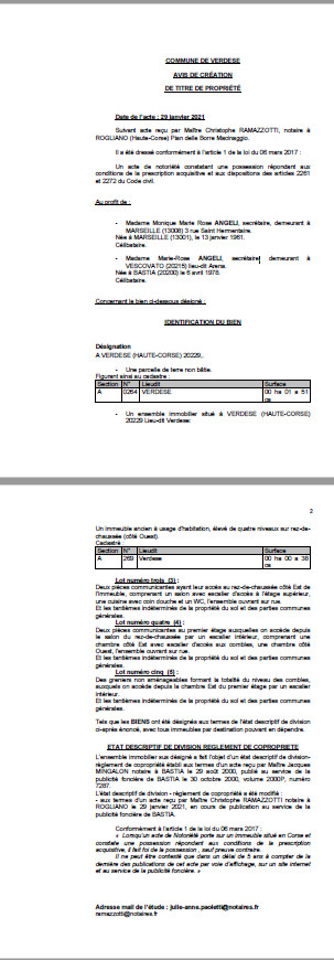Avis de création de titre de propriété - Commune de Verdese (Haute-Corse) Avis de création de titre de propriété - Commune de Verdese (Haute-Corse)