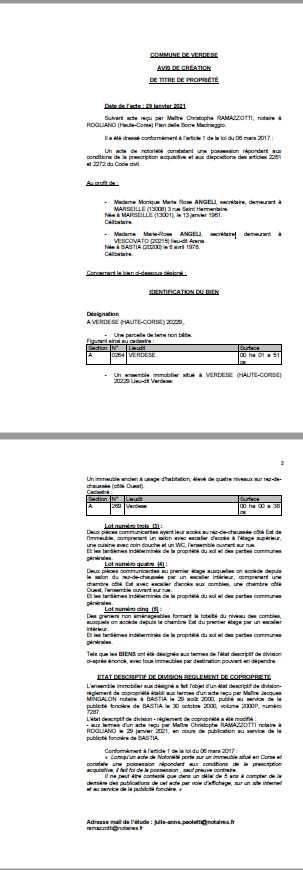 Avis de création de titre de propriété - Commune de Verdese (Haute-Corse)