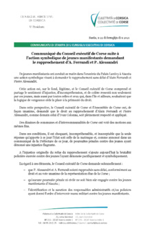 Communiqué du Conseil exécutif de Corse suite à l’action symbolique de jeunes manifestants demandant le rapprochement d’A. Ferrandi et P. Alessandri Communiqué du Conseil exécutif de Corse suite à l’action symbolique de jeunes manifestants demandant le rapprochement d’A. Ferrandi et P. Alessandri