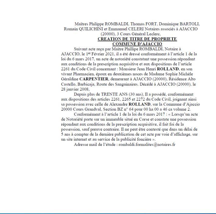 Avis de création de titre de propriété - Commune d'Ajaccio (Corse-du-Sud) Avis de création de titre de propriété - Commune d'Ajaccio (Corse-du-Sud)
