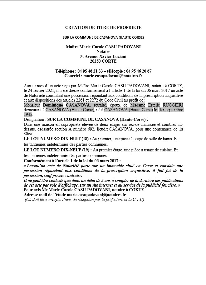  Avis de création de titre de propriété - Commune de Casanova (Haute-Corse)