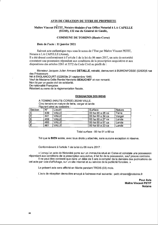 Avis de création de titre de propriété - Commune de Tomino (Haute-Corse)