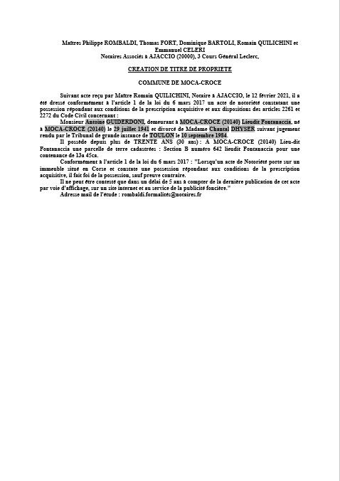 Avis de création de titre de propriété - Commune de Moca-Croce(Corse-du-Sud) Avis de création de titre de propriété - Commune de Moca-Croce(Corse-du-Sud)