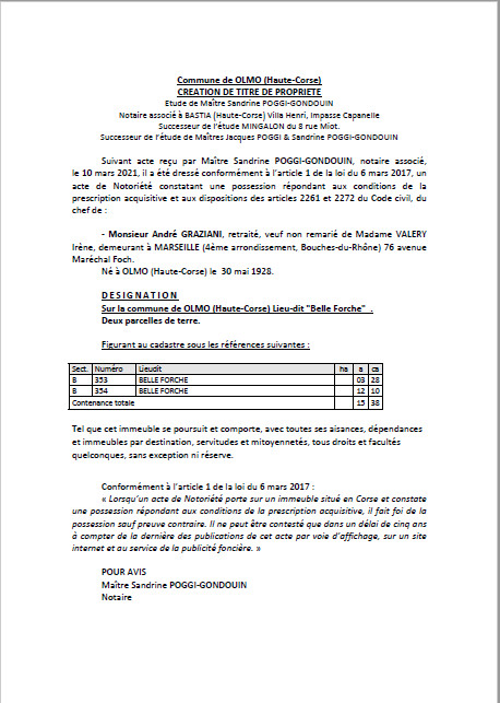 Avis de création de titre de propriété - Commune d'Olmo (Haute-Corse) Avis de création de titre de propriété - Commune d'Olmo (Haute-Corse)