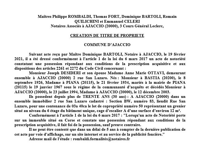 Avis de création de titre de propriété - commune d'Ajaccio (Corse-du-sud)