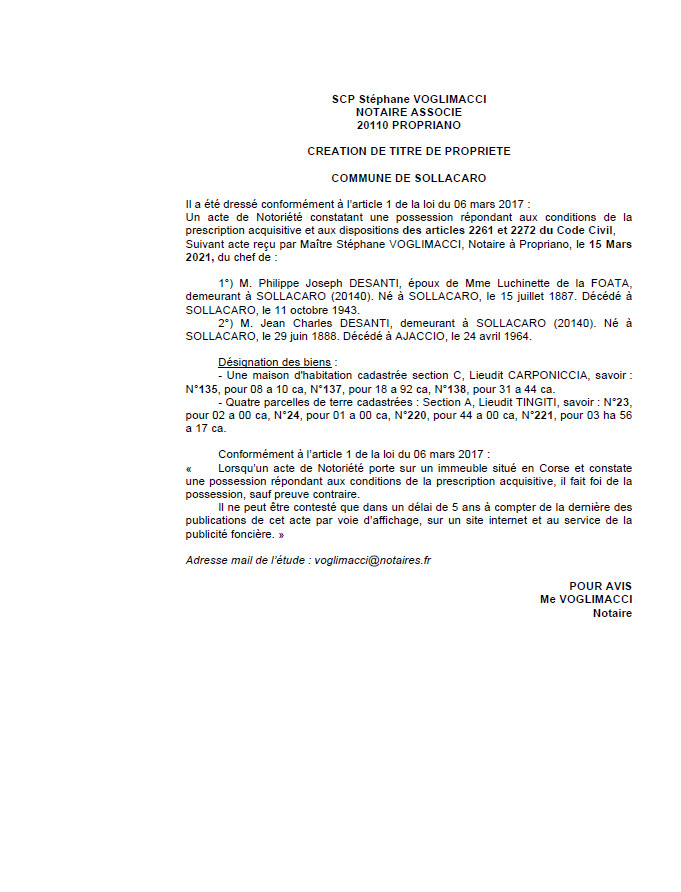 Avis de création de titre de propriété - Commune de Sollacaro ( Corse-du-sud) Avis de création de titre de propriété - Commune de Sollacaro ( Corse-du-sud)