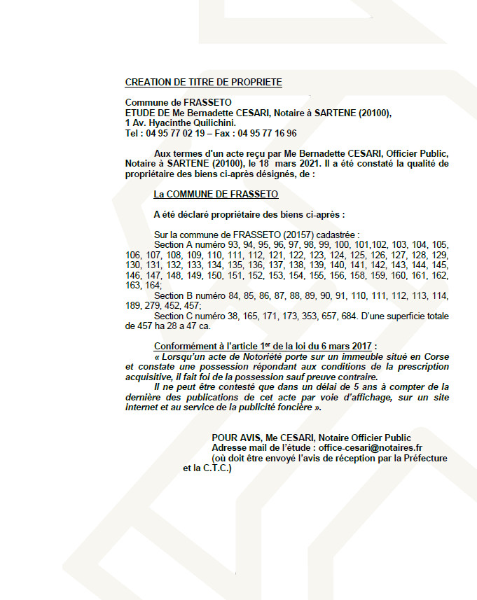 Avis de création de titre de propriété - Commune de Frasseto  ( Corse-du-sud)