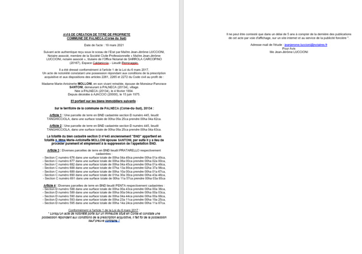 Avis de création de titre de propriété - Commune de Palneca (Corse-du-sud) Avis de création de titre de propriété - Commune de Palneca (Corse-du-sud)
