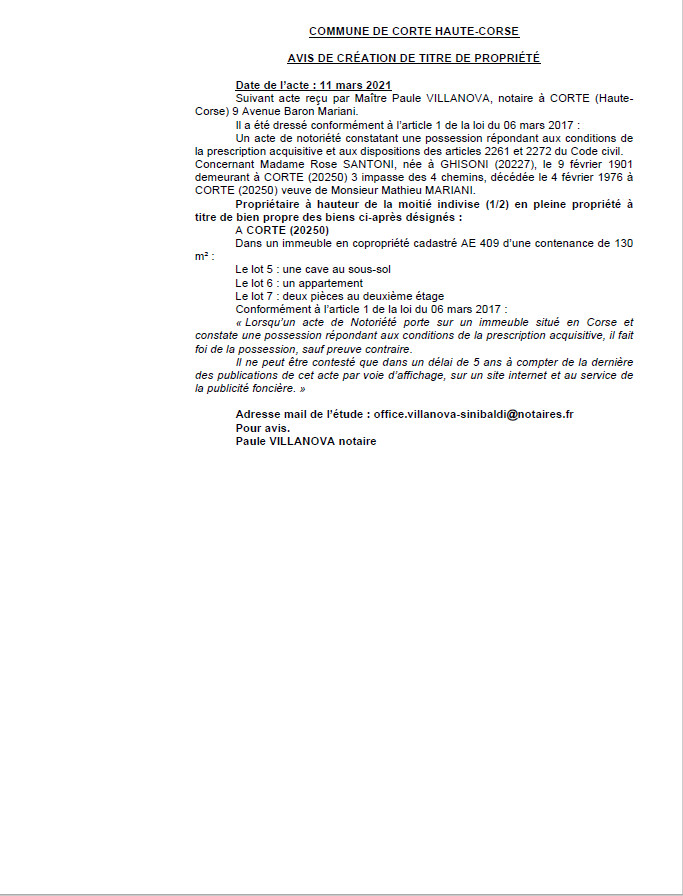 Avis de création de titre de propriété - Commune de Corte (Haute-Corse) Avis de création de titre de propriété - Commune de Corte (Haute-Corse)
