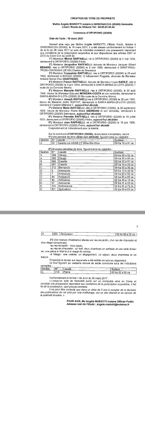 Avis de création de titre de propriété - Commune d'Ortiporio (Haute-Corse)