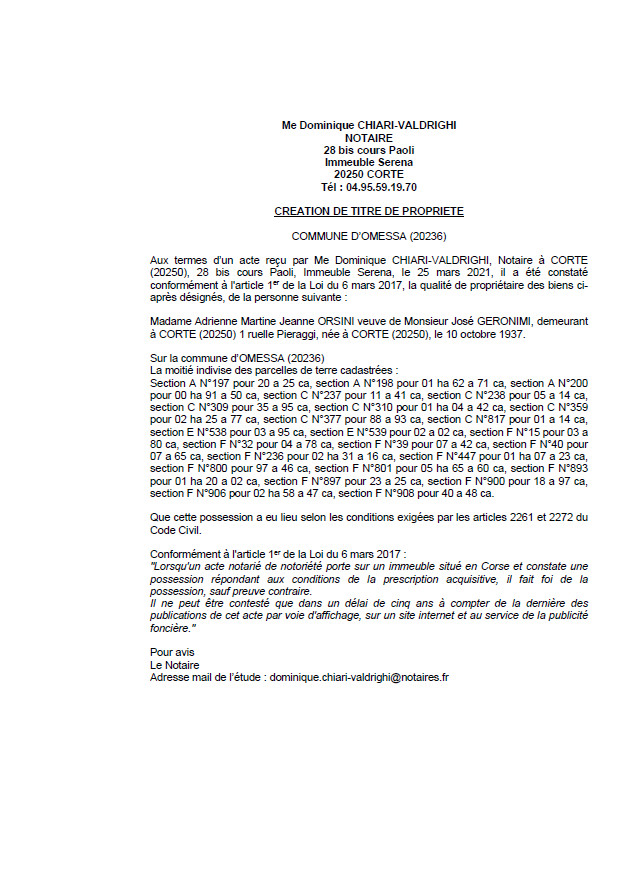 Avis de création de titre de propriété - Commune d'Omessa (Haute-Corse) Avis de création de titre de propriété - Commune d'Omessa (Haute-Corse)