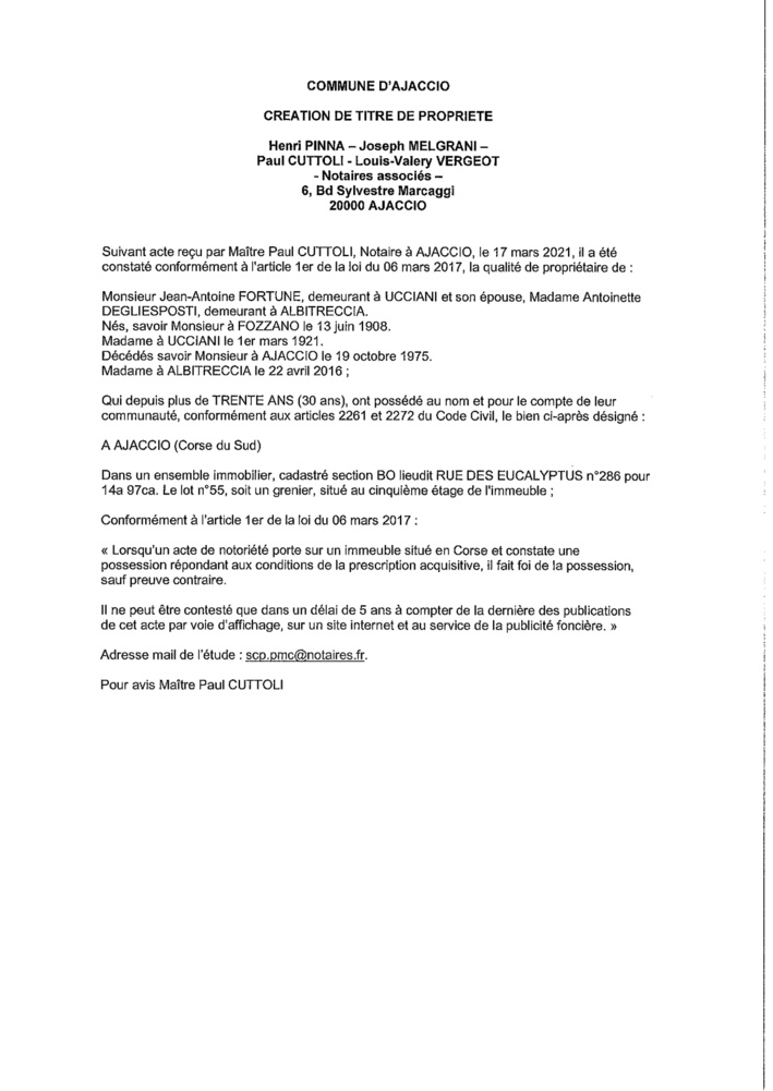 Avis de création de titre de propriété - Commune de Bocognano (Corse-du-Sud) Avis de création de titre de propriété - Commune de Bocognano (Corse-du-Sud)