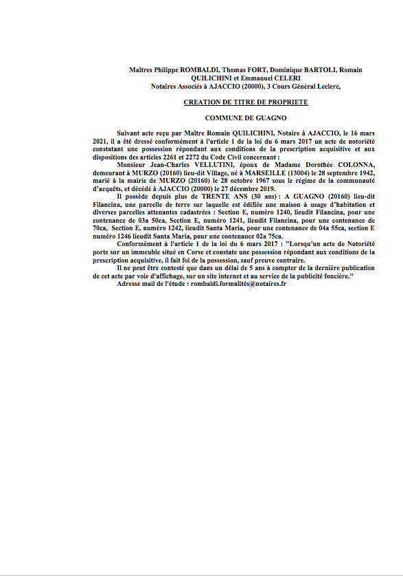 Avis de création de titre de propriété - Commune de Guagno (Corse-du-Sud)   Avis de création de titre de propriété - Commune de Guagno (Corse-du-Sud)