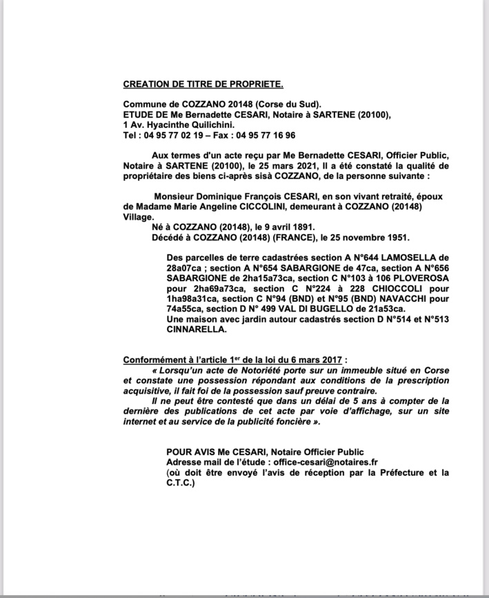  Avis de création de titre de propriété - Commune de Cozzano (Corse-du-Sud)