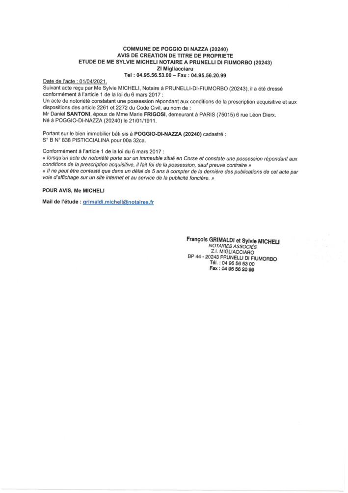 Avis de création de titre de propriété - Commune de Poggio di Nazza (Haute-Corse)