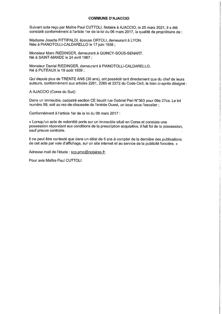 Avis de création de titre de propriété - Commune d'Ajaccio (Corse-du-Sud)