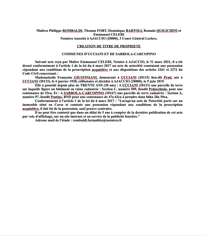 Avis de création de titre de propriété - Communes d'Ucciani et Sarrola-Carcopino Corse-du-Sud)
