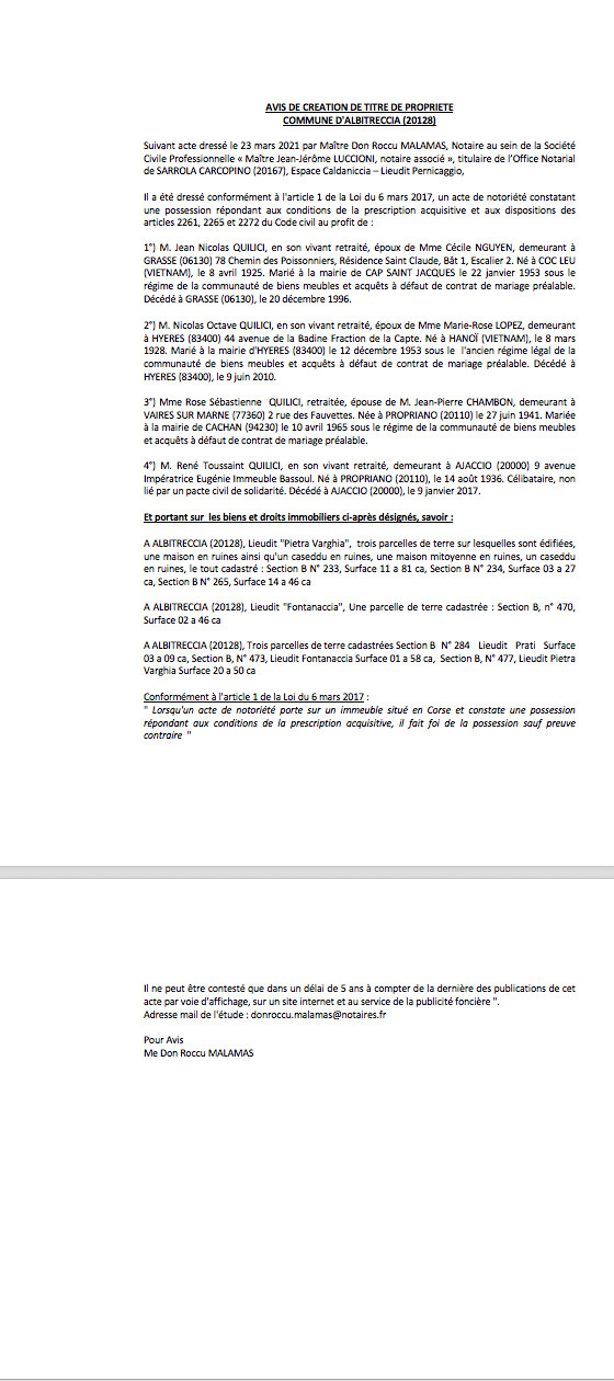 Avis de création de titre de propriété - Commune d'Albitreccia (Corse-du-Sud) Avis de création de titre de propriété - Commune d'Albitreccia (Corse-du-Sud)