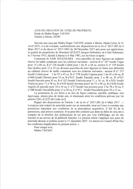 Avis de création de titre de propriété - Commune de Sari-Solenzara (Corse-du-Sud) Avis de création de titre de propriété - Commune de Sari-Solenzara (Corse-du-Sud)