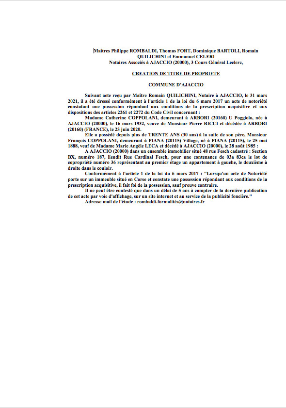 Avis de création de titre de propriété - Commune d'Ajaccio (Corse-du-Sud) Avis de création de titre de propriété - Commune d'Ajaccio (Corse-du-Sud)