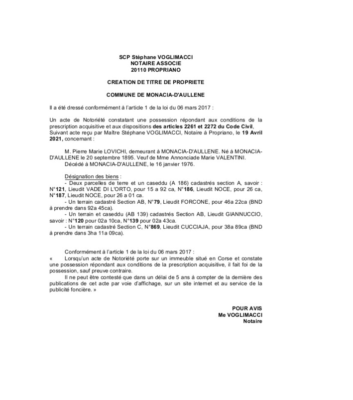 Avis de création de titre de propriété - Commune de Monaccia-D'Aullene (Corse-du-Sud)