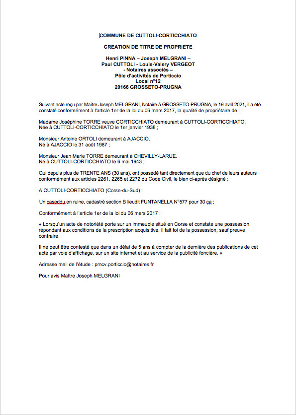 Avis de création de titre de propriété - Commune de Cuttoli-Corticchiato (Corse-du-Sud) Avis de création de titre de propriété - Commune de Cuttoli-Corticchiato (Corse-du-Sud)