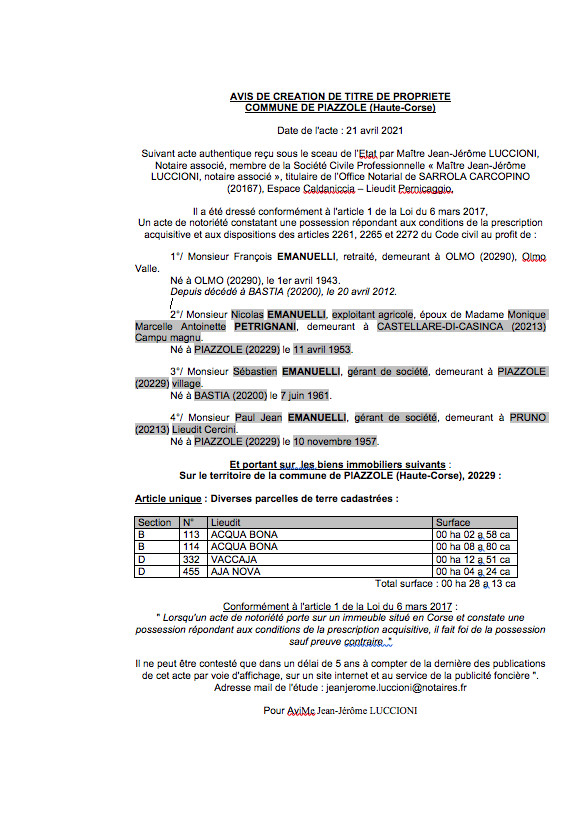 Avis de création de titre de propriété - Commune de Piazzole (Haute-Corse) Avis de création de titre de propriété - Commune de Piazzole (Haute-Corse)