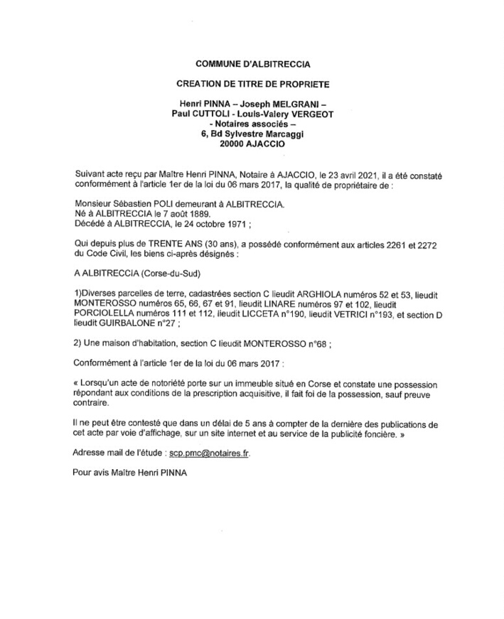 Avis de création de titre de propriété - Commune d'Abitreccia (Corse-du-Sud)